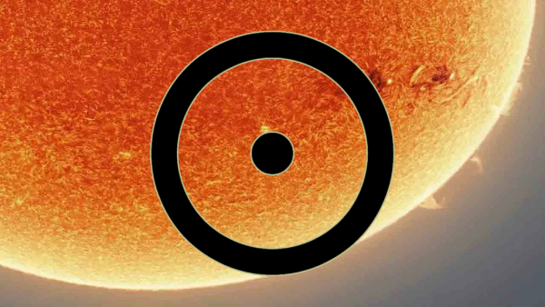 a photo of the Sun with the astrological Sun glyph superimposed upon it
